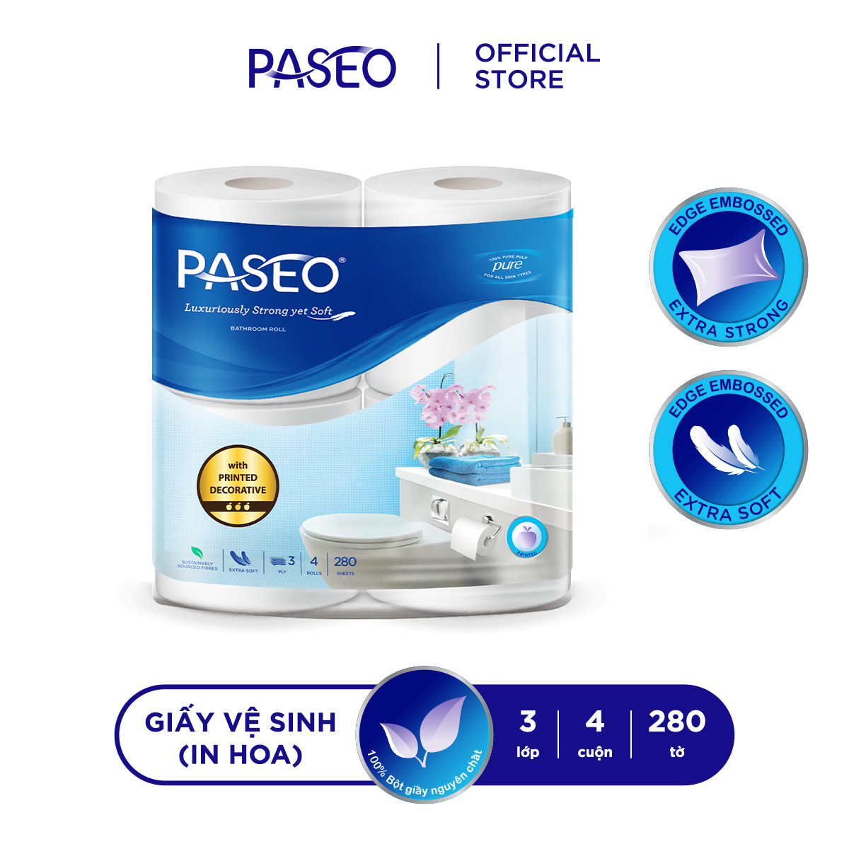 Giấy vệ sinh cao cấp Paseo dai, mềm mịn in hoa (4 cuộn 3 lớp)/lốc