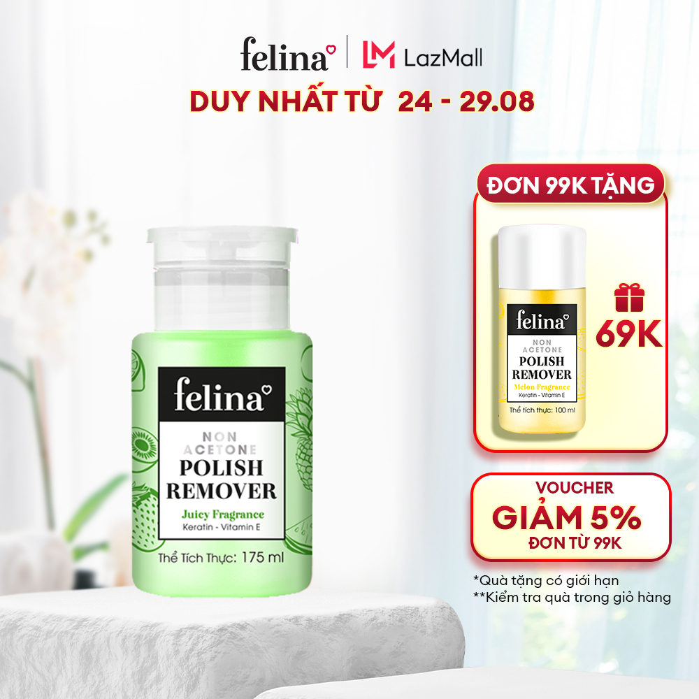 Nước chùi móng tay Felina Nail 175ml - Hương Trái Cây tẩy sạch nhanh, nuôi dưỡng móng, không chứa Acetone
