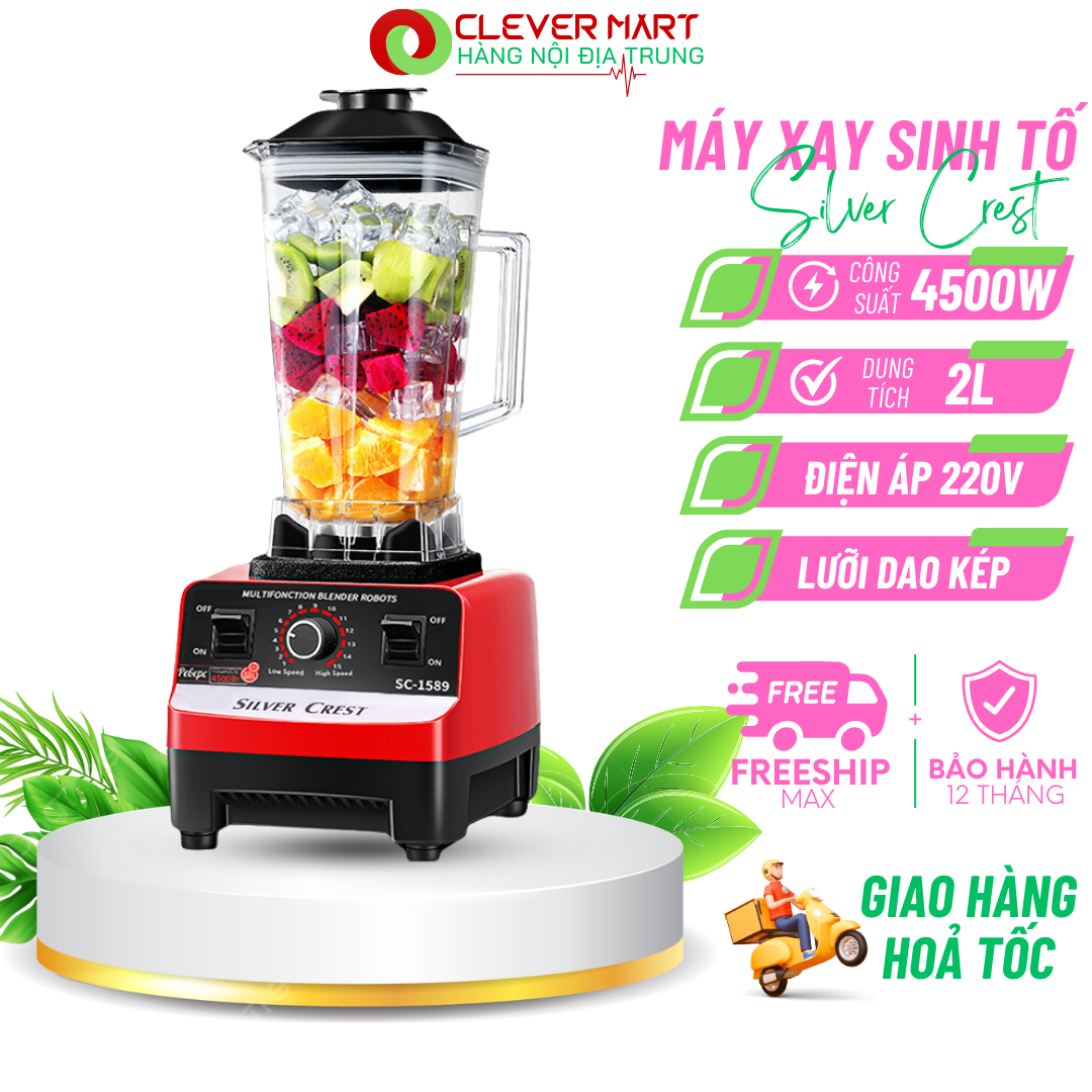Máy Xay Sinh Tố Công Nghiệp Silver Crest Công Suất  4500W Dung Tích 2.0L, Xay Các Loại Hoa Quả, Các Loại Hạt, Xay Đá, Dễ Dàng Sử Dụng, Tháo Lắp Vệ Sinh Nhanh Chóng