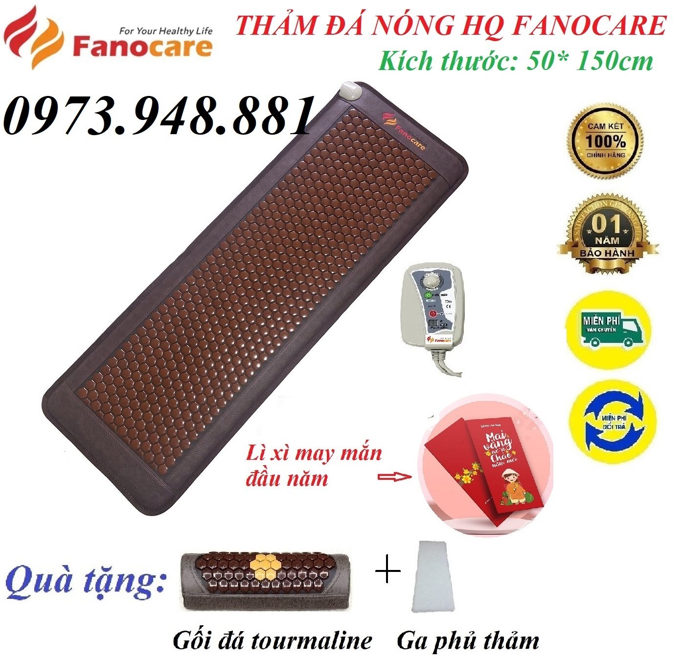 Thảm đá nhiệt nóng HQ Fanocare KT 50*150cm đá lục giác tourmaline nâu (Tặng kèm 1 gối đá tourmaline + Ga phủ)
