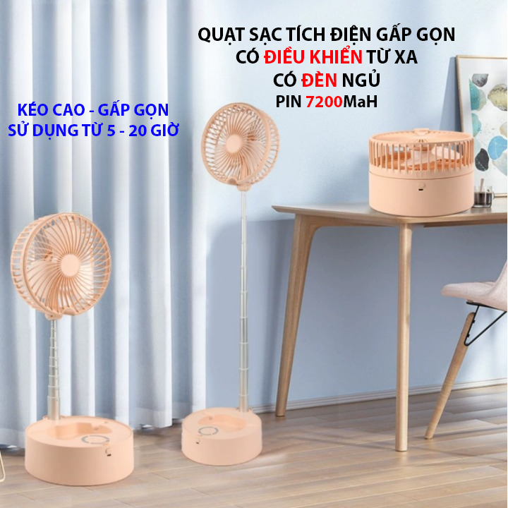 Quạt sạc tích điện gấp gọn có đền ngủ, Có điều khiển từ xa, pin 7200MaH