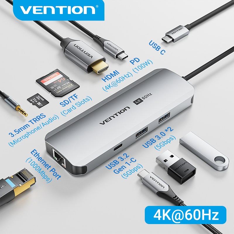 Vention USB C HUB Type C to 4K 60Hz HDMI USB 3.2 Gen 1 C 1000Mbps RJ45 VGA SD TF Card Reader 3.5mm A