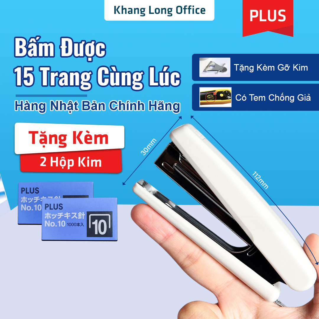 Dập ghim số 10 plus chính hãng, đồ bấm giấy kèm 2 hộp ghim, bấm được 15 trang giấy, tặng kèm gỡ kim