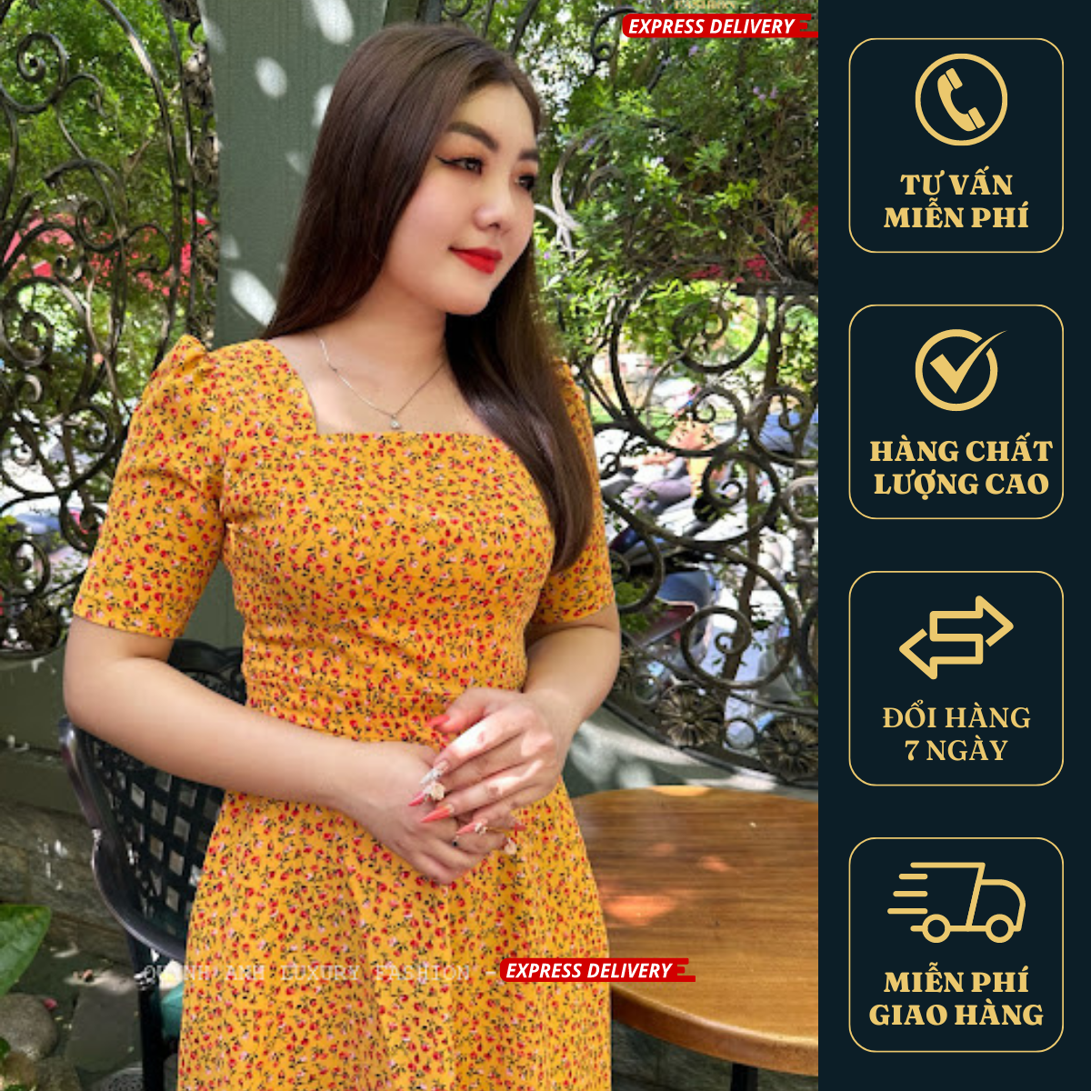 Váy xoè hoa nhí vàng cổ vuông nữ tính