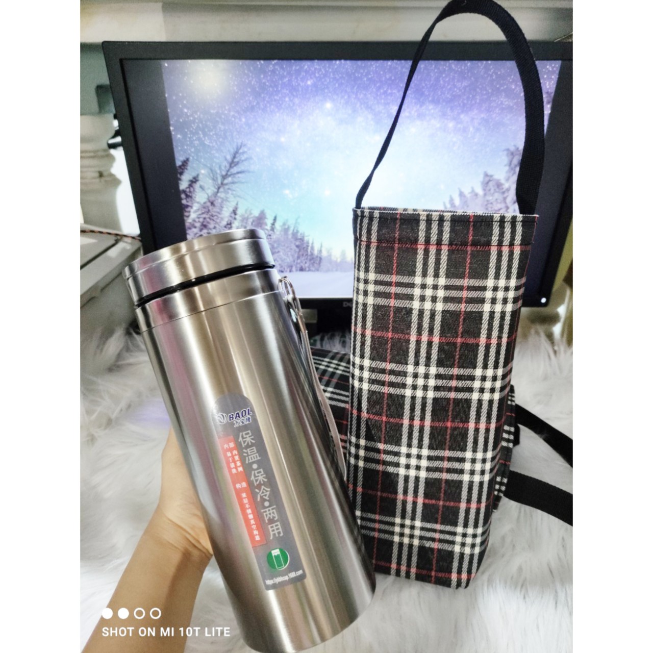 Combo bình giữ nhiệt BAOL 1500ml + túi trụ có lớp cách nhiệt