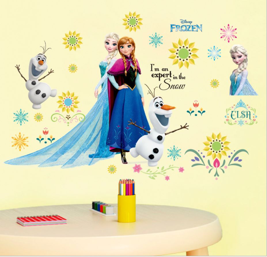 Decal dán tường hoạt hình Elsa Anna hoa mặt trời