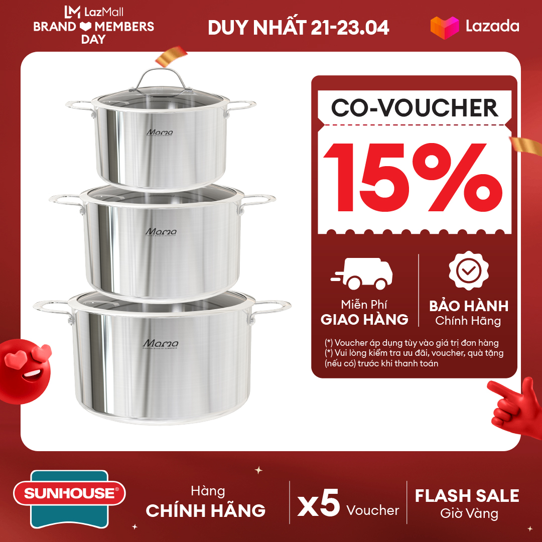 Bộ nồi inox 5 đáy - Dùng được với mọi loại bếp Sunhouse Mama SH784 - 5 lớp đáy tỏa nhiệt đều, giữ nhiệt lâu, hạn chế cháy khét- Đường kính lòng nồi 16 – 20 – 24cm