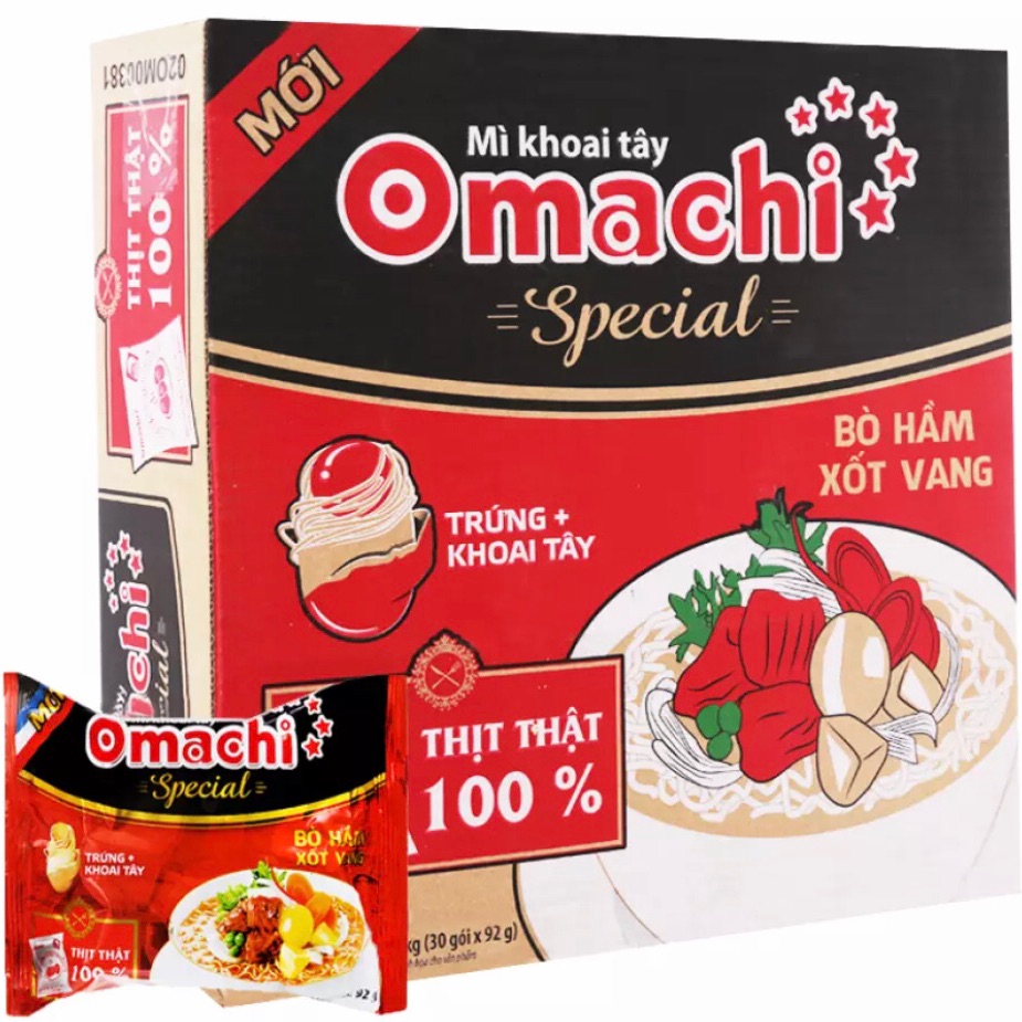 Mì Omachi SPECIAL bò hầm xốt vang (có thịt thật) gói 92gam(1 thùng 30 gói)