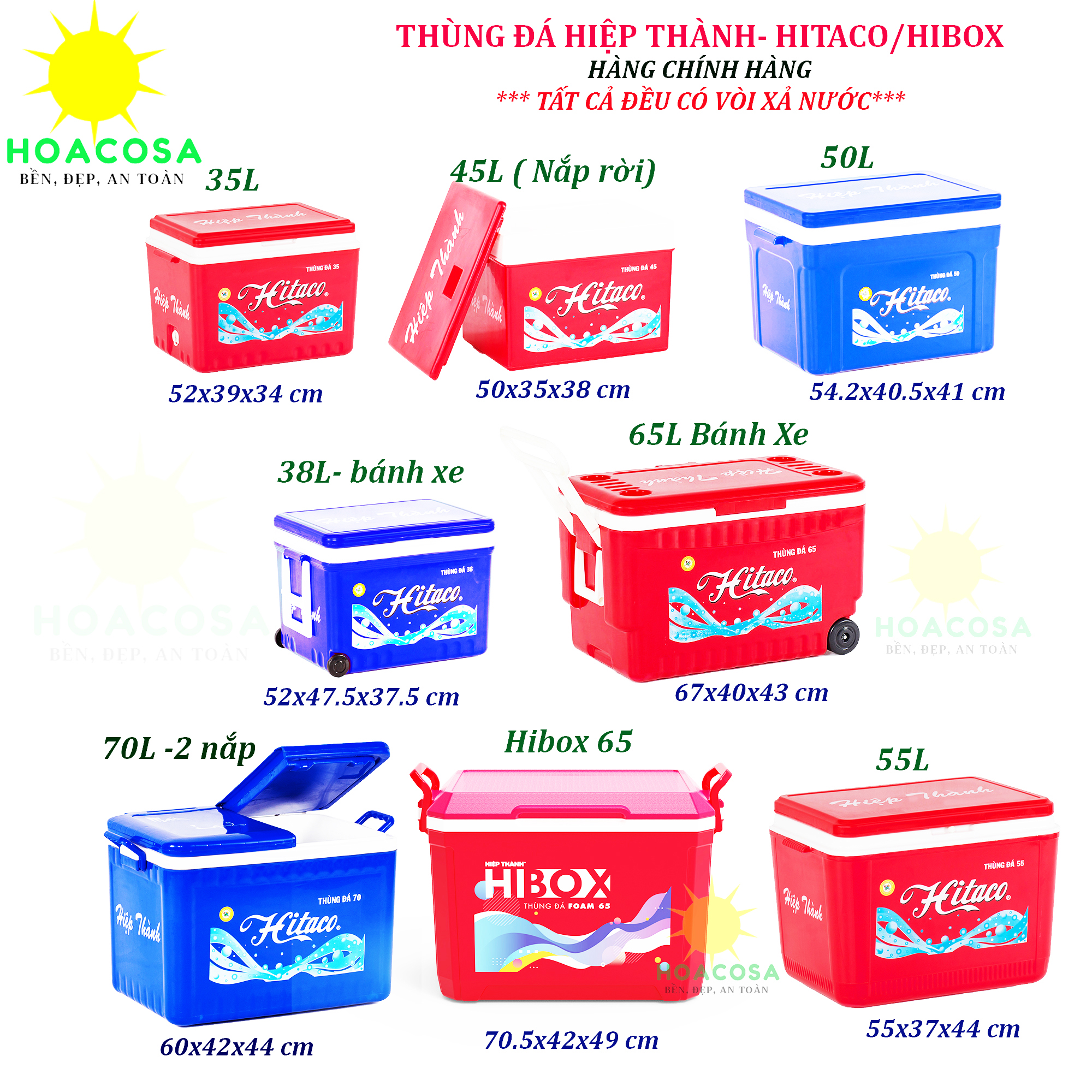 Thùng Đá Nhựa 35L, 38L, 45L, 50L, 55L, 65L, 70L, 85L- Hitaco, Nhựa Hiệp Thành, Có Vòi Xả, Giữ Đá Lâu, Đồ Gia Dụng Hoacosa.