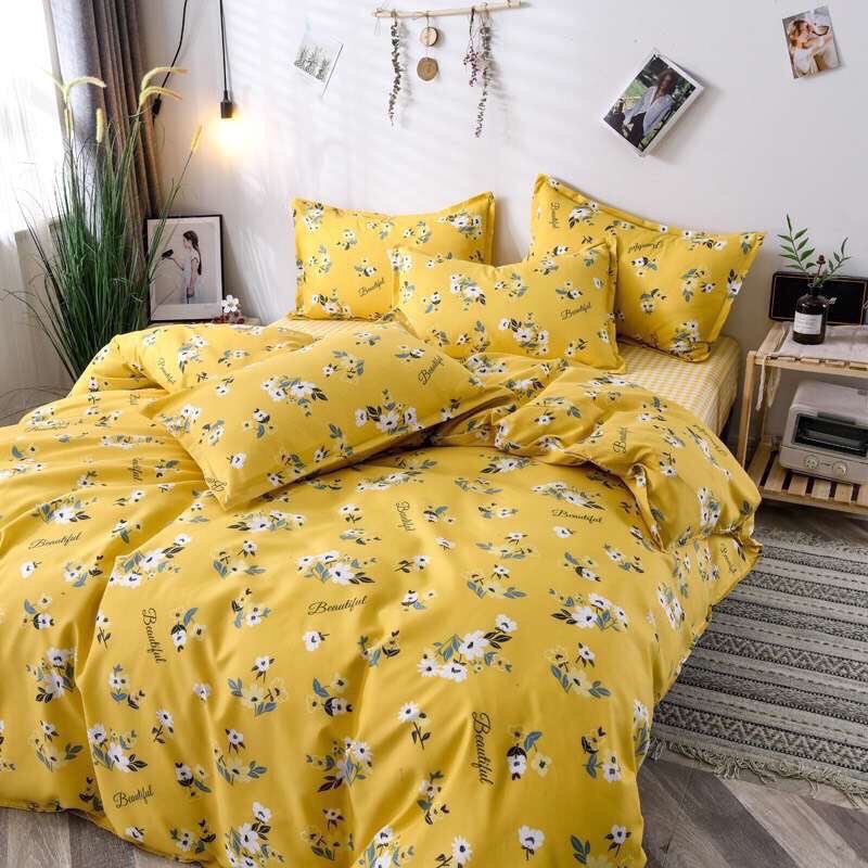 Bộ Chăn Ga Gối Cotton Poly - Hoa Nhí Vàng ( 1 Drap + 2 Vỏ Gối Nằm + 1 Vỏ Chăn ) Tiệm Nhà Cá