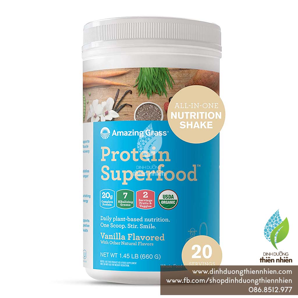 Bột Protein Thực Vật Hữu Cơ Amazing Grass Organic Protein Superfood Powder, Pure Vanilla - Size 341g