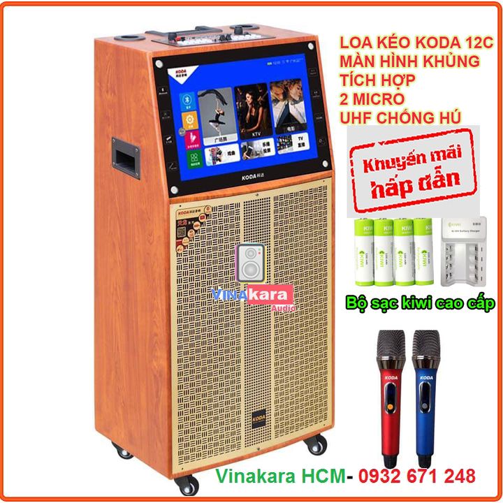 Loa Kéo Koda KD12C 3 tấc gỗ 2 micro UHF chống hú màn hình cảm ứng rõ nét chất lượng tặng kèm pin và sạc chất lượng