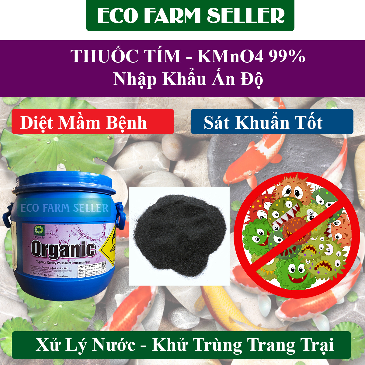 500G Thuốc Tím Ấn Độ KMnO4 99% Tắm Cá Cảnh - Sát Khuẩn Khử Trùng Ngừa Nấm Cá Cảnh