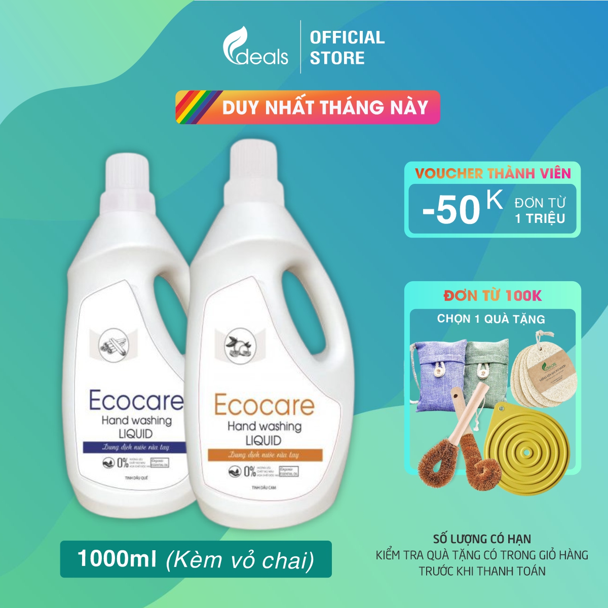 Nước Rửa Tay Bồ Hòn Hữu Cơ ECOCARE 1 lít (Tặng vỏ chai 250ml) - Sạch khuẩn, chăm sóc da tay, tinh dầu khử mùi