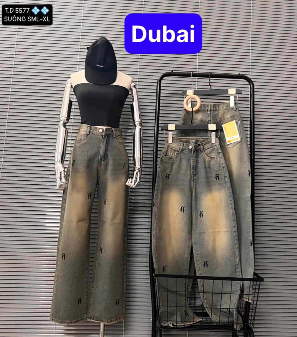 QUẦN BAGGY JEAN NỮ CHẤT BÒ ỐNG RỘNG THÊU CẠP CAO LƯNG CAO NÂNG MÔNG SIÊU MỚI DUBAI FASHION