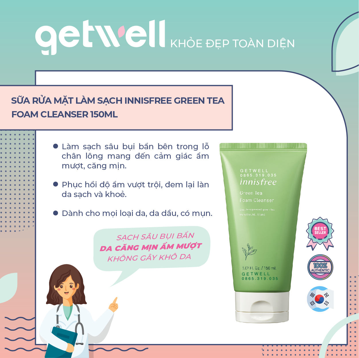Sữa rửa mặt làm sạch từ trà xanh đảo Jeju Innisfree Green Tea Foam Cleanser 150ml