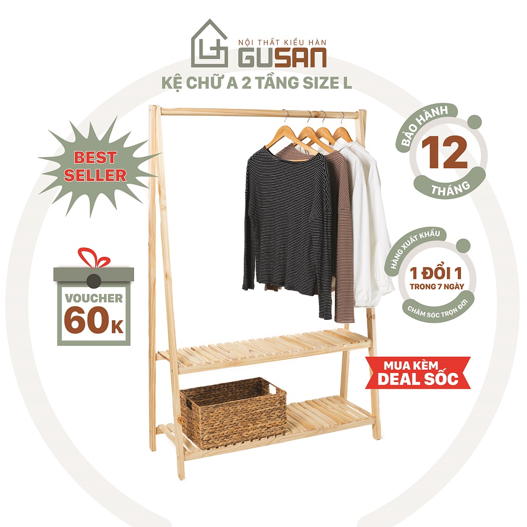 [HCM]Giá Treo Quần Áo 2 tầng thông minh chữ A bằng gỗ size L 1m GUSAN không gắn tường phù hợp shop thời trang phong cách Hàn Quốc