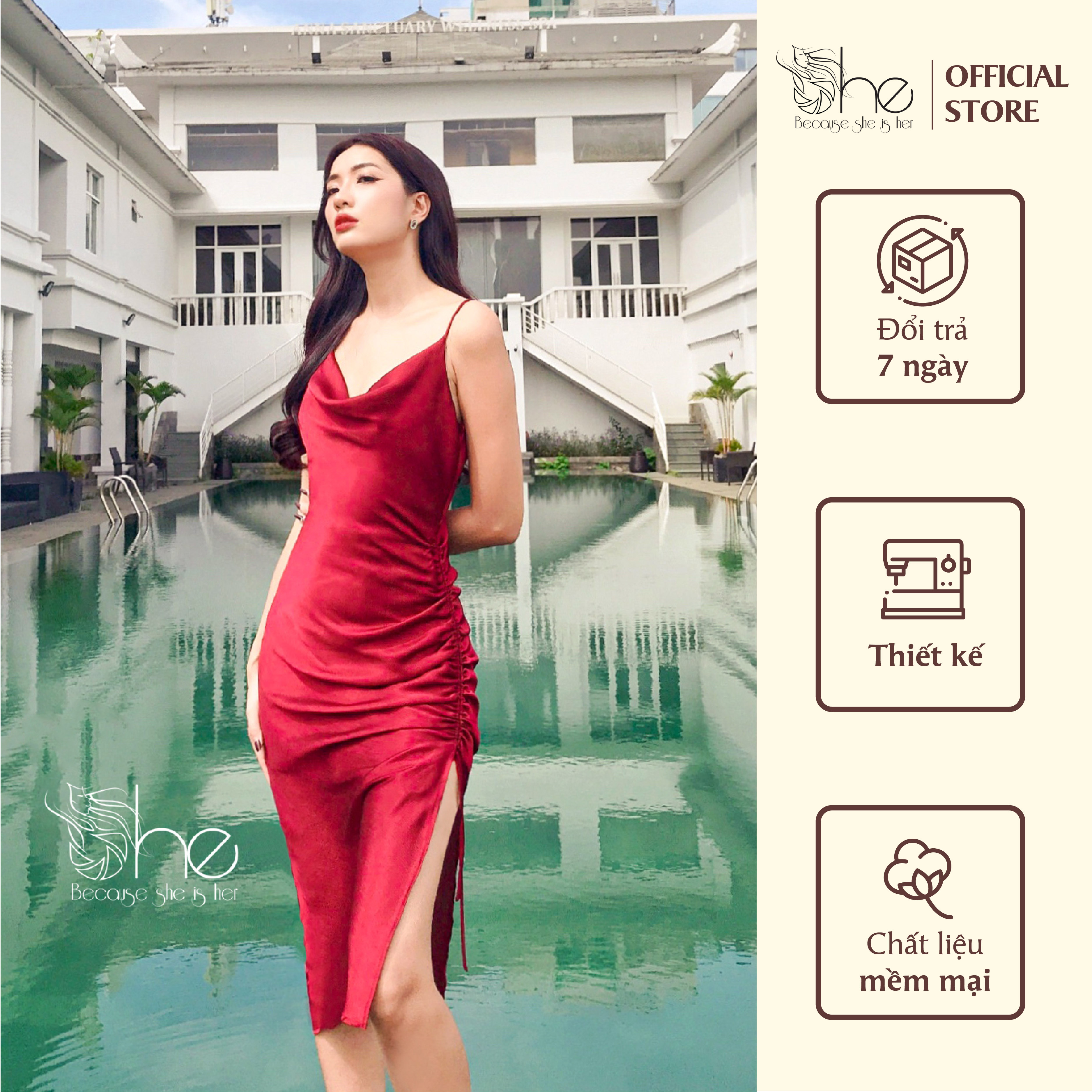 Đầm dự tiệc sang trọng lụa gân She, váy 2 dây cổ đổ dây rút 1 bên gợi cảm SDX146