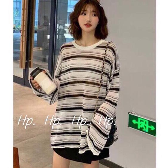 Phương linh luxury 1688 áo nữ kẻ phông dáng thụng tay dài thời trang