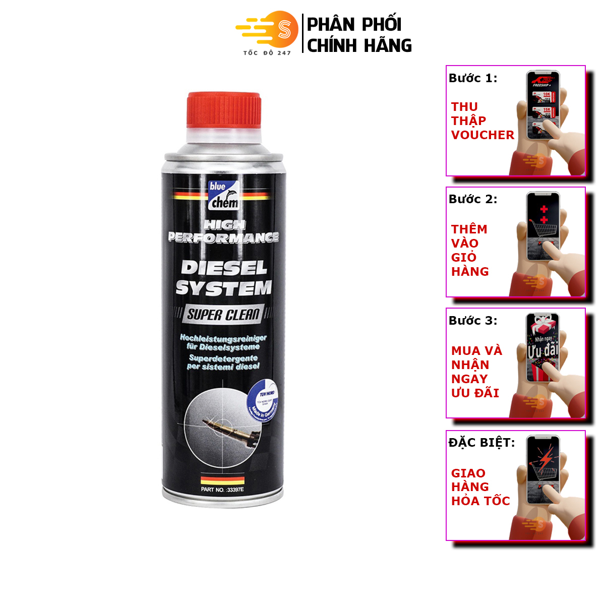 Phụ gia vệ sinh hệ thống dầu diesel toàn diện Bluechem 33397E - Tốc độ 247 Loại bỏ các tạp chất tồn đọng trong hệ thống diesel