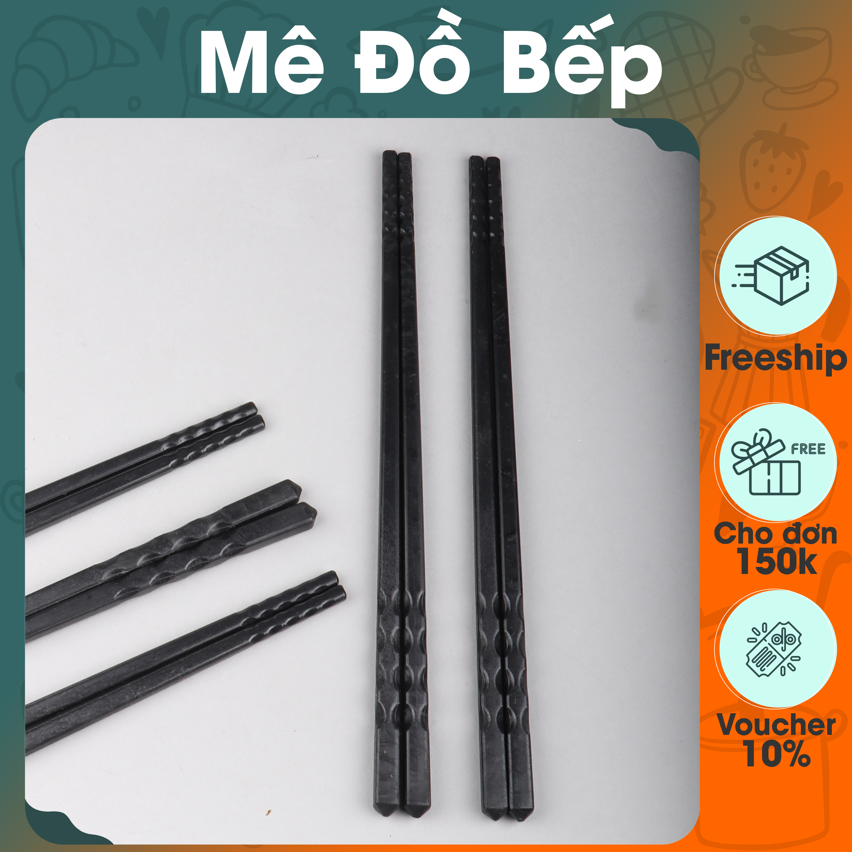 Bộ 10 đôi đũa nhựa chịu nhiệt Bam House màu đen đầu nhám cao cấp DND04 - Gia dụng bếp