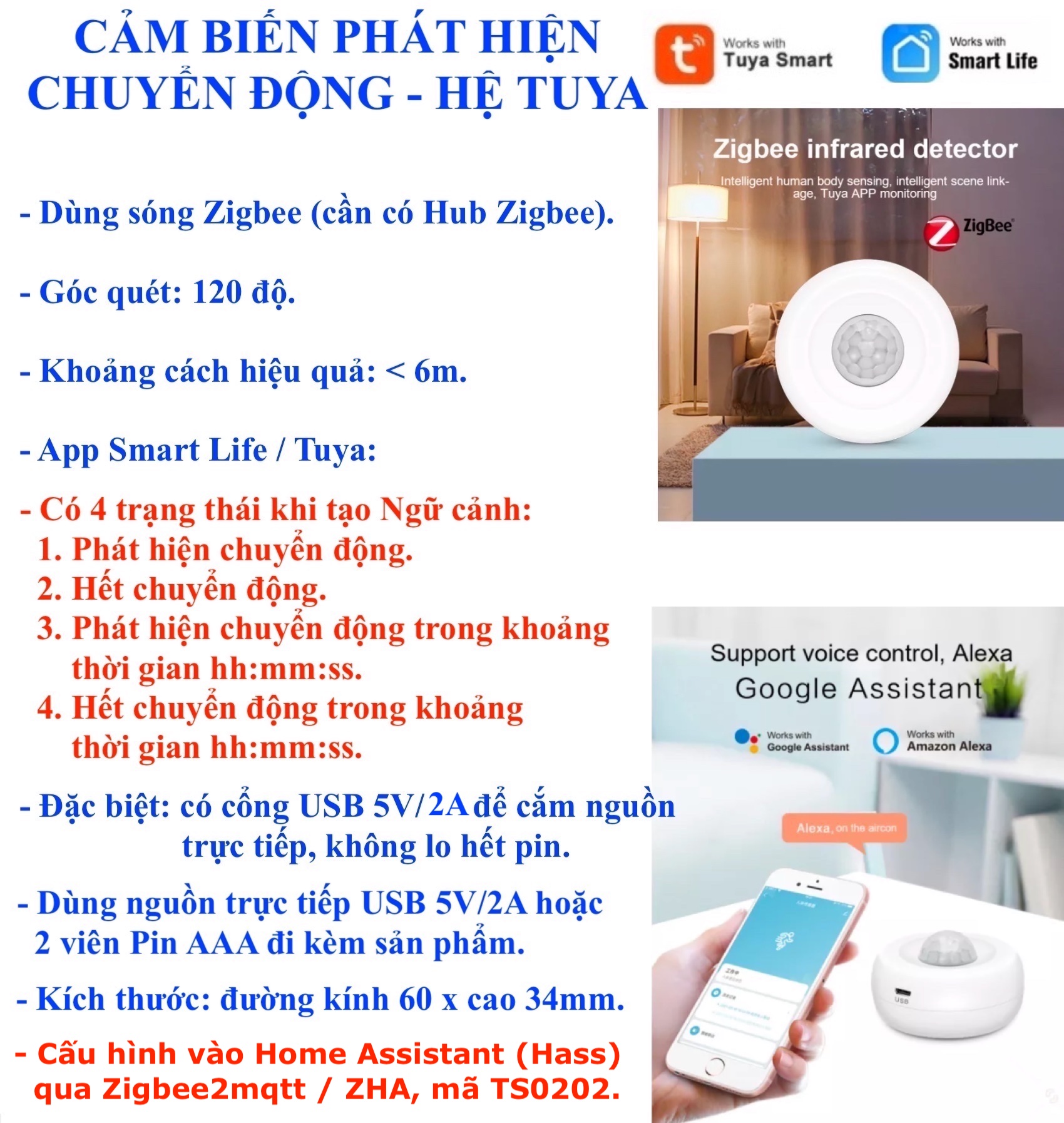 Cảm biến phát hiện chuyển động PIR Zigbee / Wifi ESPHome, Tuya Smart Life / Home Assistant -