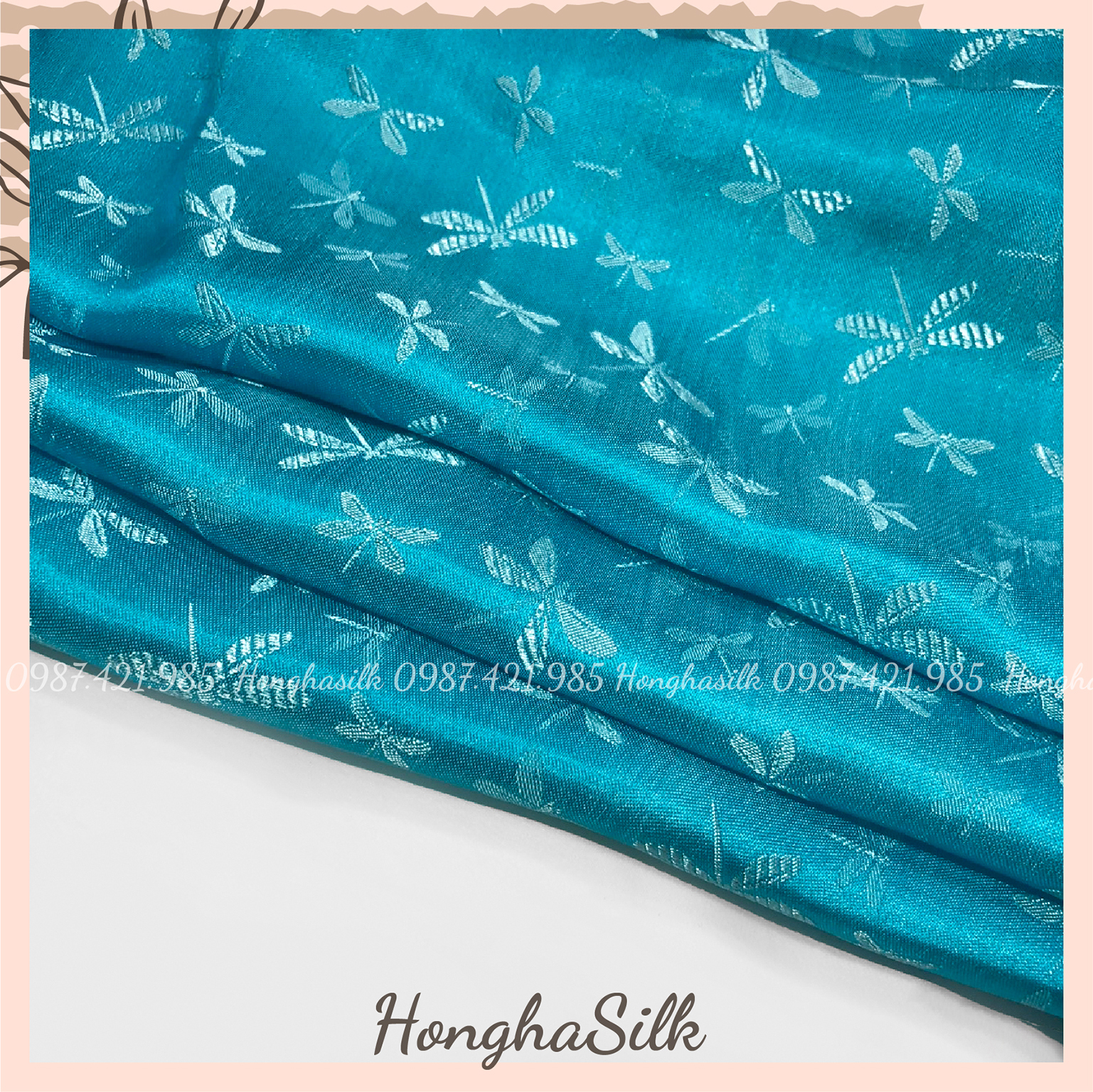 Vải lụa tơ tằm vạn phúc họa tiết chuồn chuồn màu xanh lá da trời blue, may áo dài - khổ 90cm- lụa hồng hà