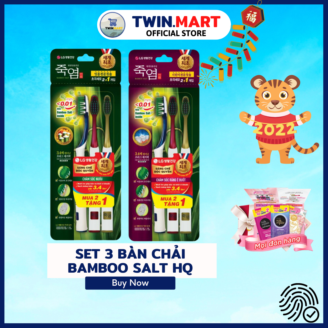 Bộ bàn chải Bamboo Salt In Mom – Chăm Sóc Nướu - Thương Hiệu Hàn Quốc - Lông bàn chải muối tre cực nhỏ - có mặt chải lưỡi - đầu bàn chải có sợi gai cao su mềm