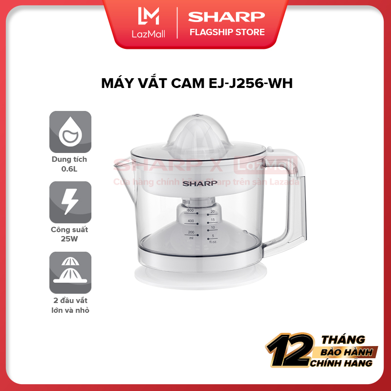 Máy Vắt Cam Công Suất 25W Sharp EJ-J256-WH - Màu trắng [Dung Tích Ly Chứa 0.6 lít Chất Liệu Nhựa Cao Cấp An Toàn Cho Sức Khỏe Dễ Vệ Sinh] - Hàng Chính Hãng Bảo Hành 12 tháng