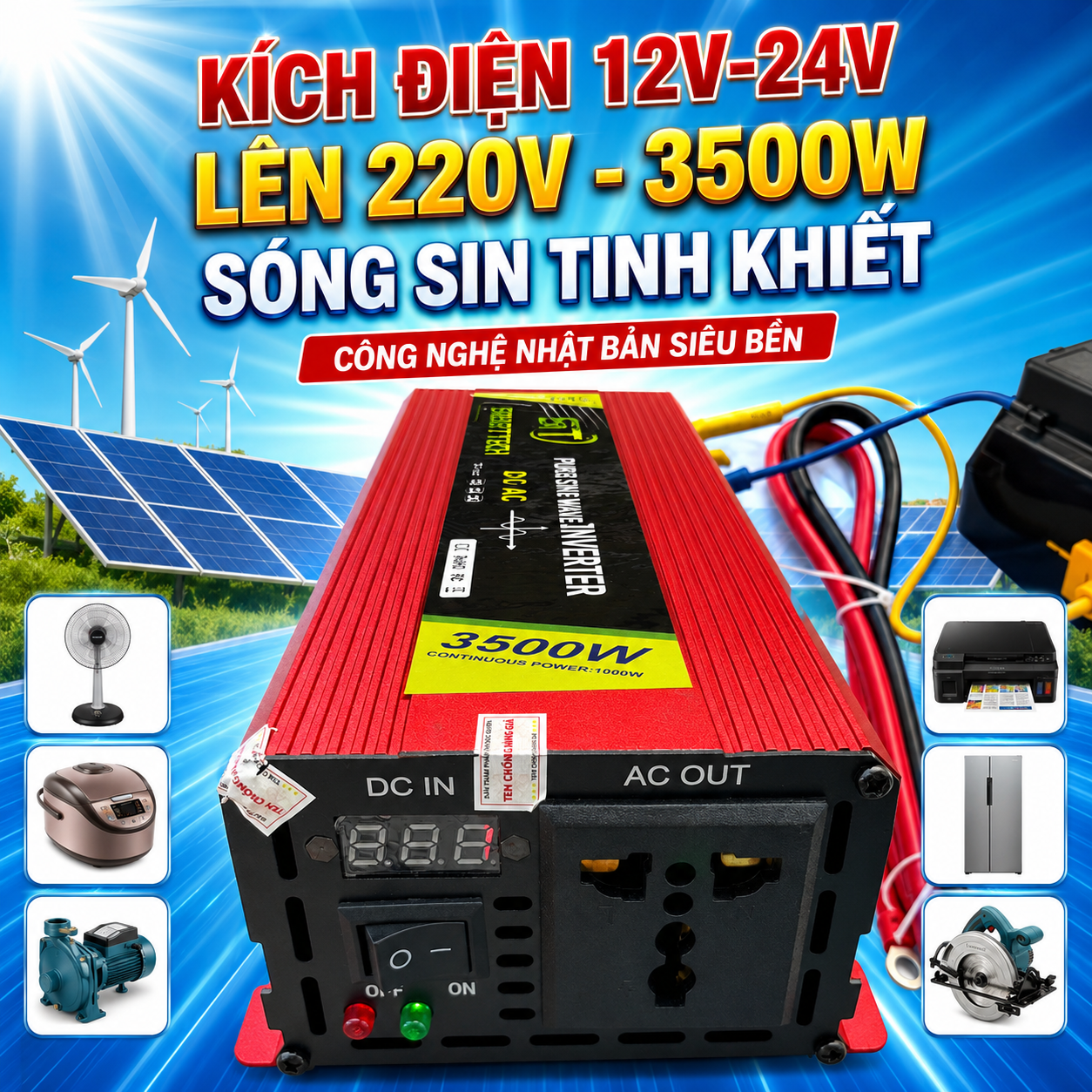 Kích Điện Inverter SMART 3500W Sóng Sin Tinh Khiết 12V 24V Lên 220V - Bộ Đổi Nguồn Điện Ô Tô, Gia Đình Cao Cấp