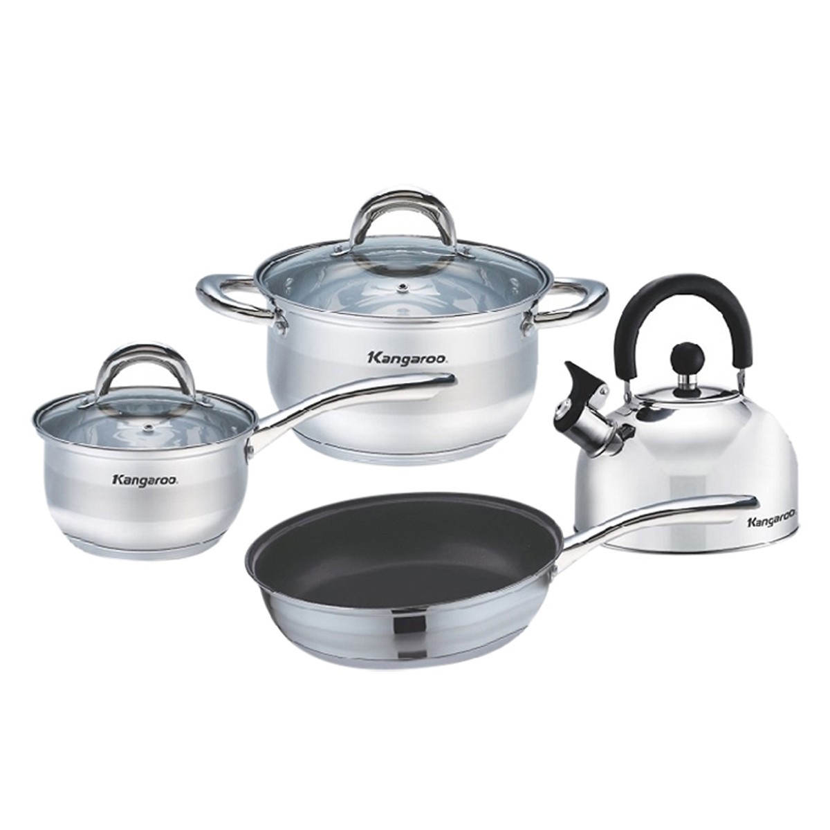 Bộ nồi 2 chiếc+1 chảo+1 ấm inox kangaroo kg998m