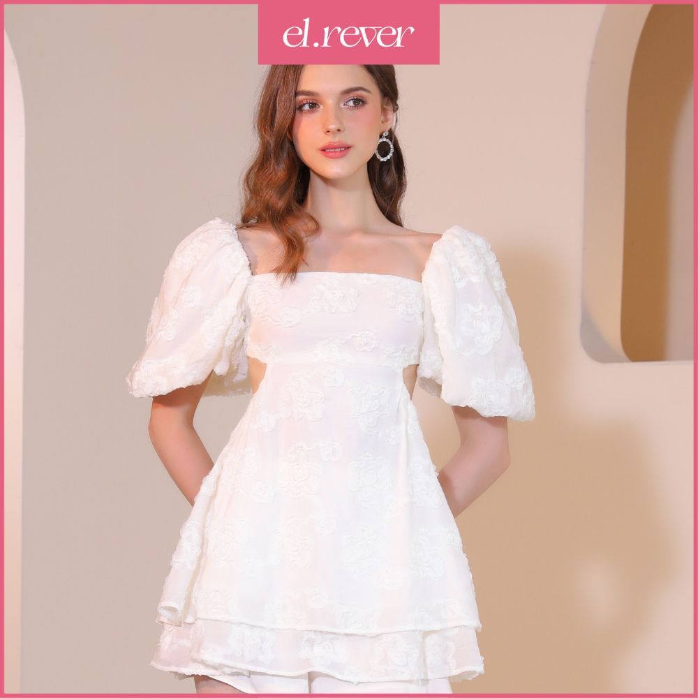 El.rêver - đầm nữ cổ vuông tay bồng khoét eo dịu dàng - màu kem - 0522d01