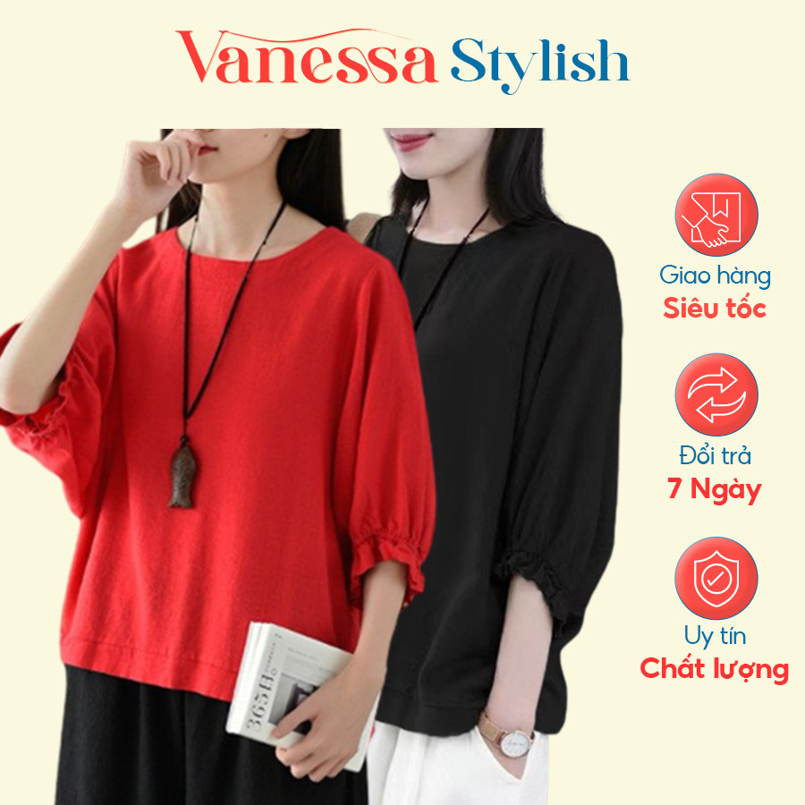 Áo kiểu nữ Hàn Quốc cổ tròn tay lỡ Vanessa Stylish chất liệu đũi mềm mát form rộng bigsize AKH.45