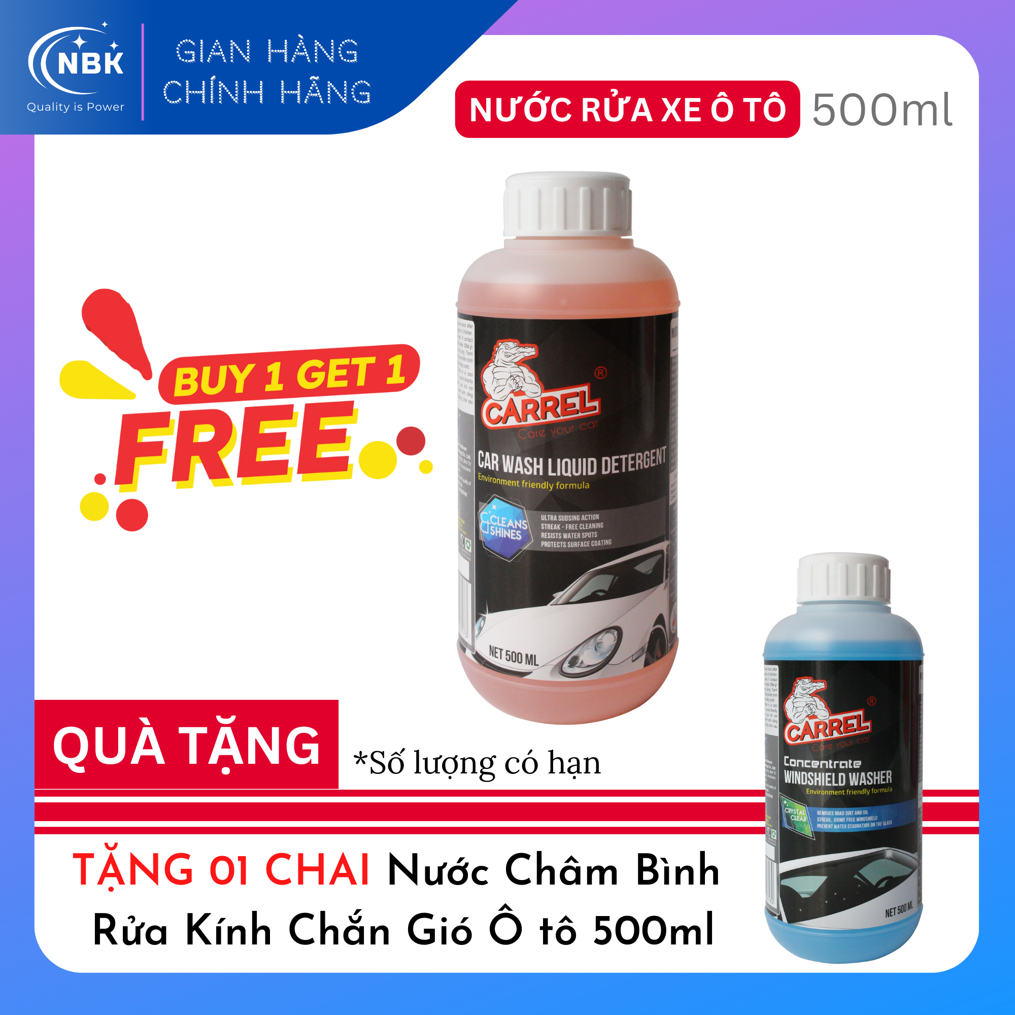 [MUA 1 TẶNG 1] Nước Rửa Xe Ô tô Đậm Đặc và Bảo Vệ Lớp Sơn CARREL Chai 500ml (Tặng 01 Chai Nước Châm Bình Rửa Kính Chắn Gió Ô tô 500ml)
