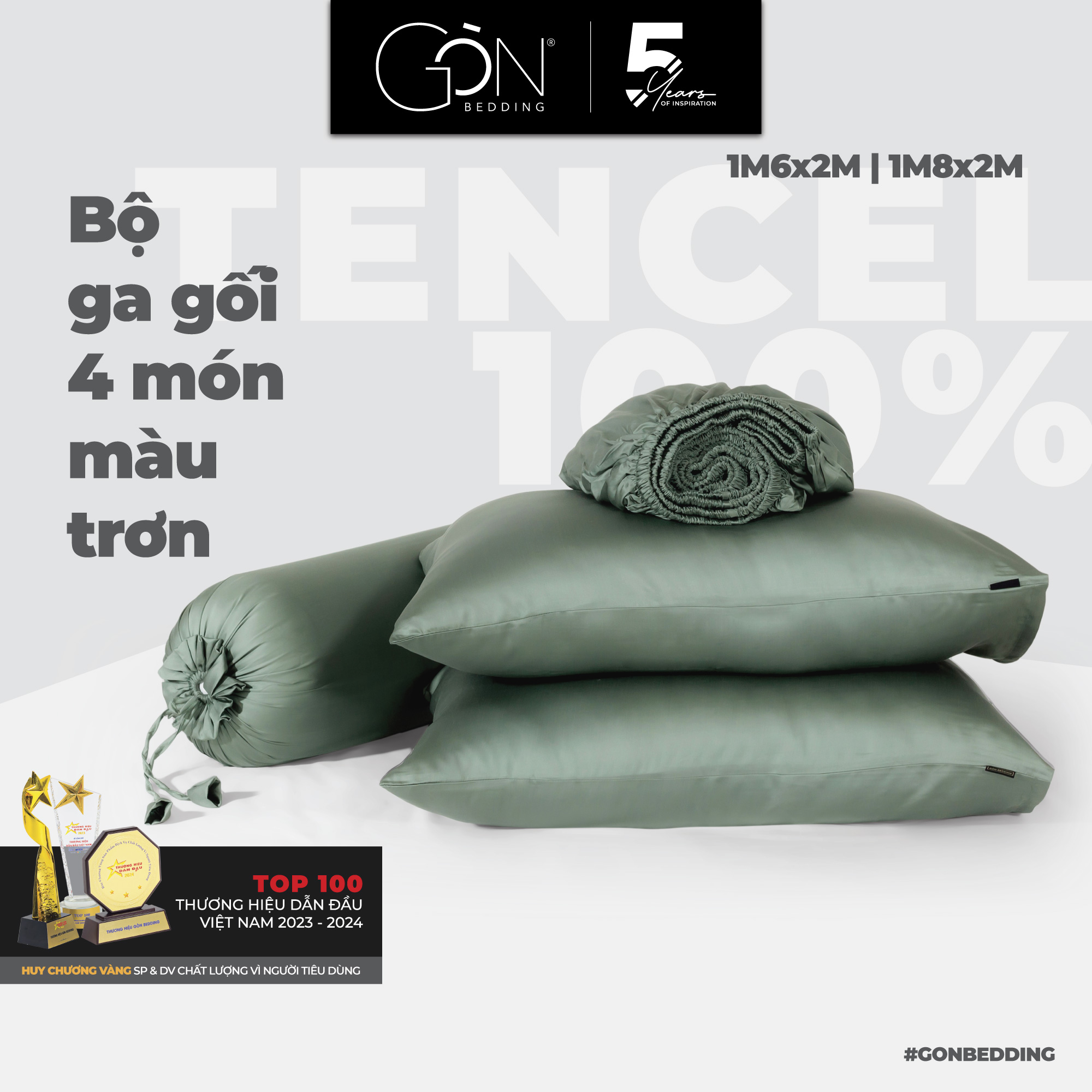 Bộ Ga Gối 4 Món Lụa TENCEL Cao Cấp Gòn Bedding Màu Trơn - Kích Thước 1m6x2m / 1m8x2m (02 vỏ gối nằm, 01 vỏ gối ôm, 01 ga giường)