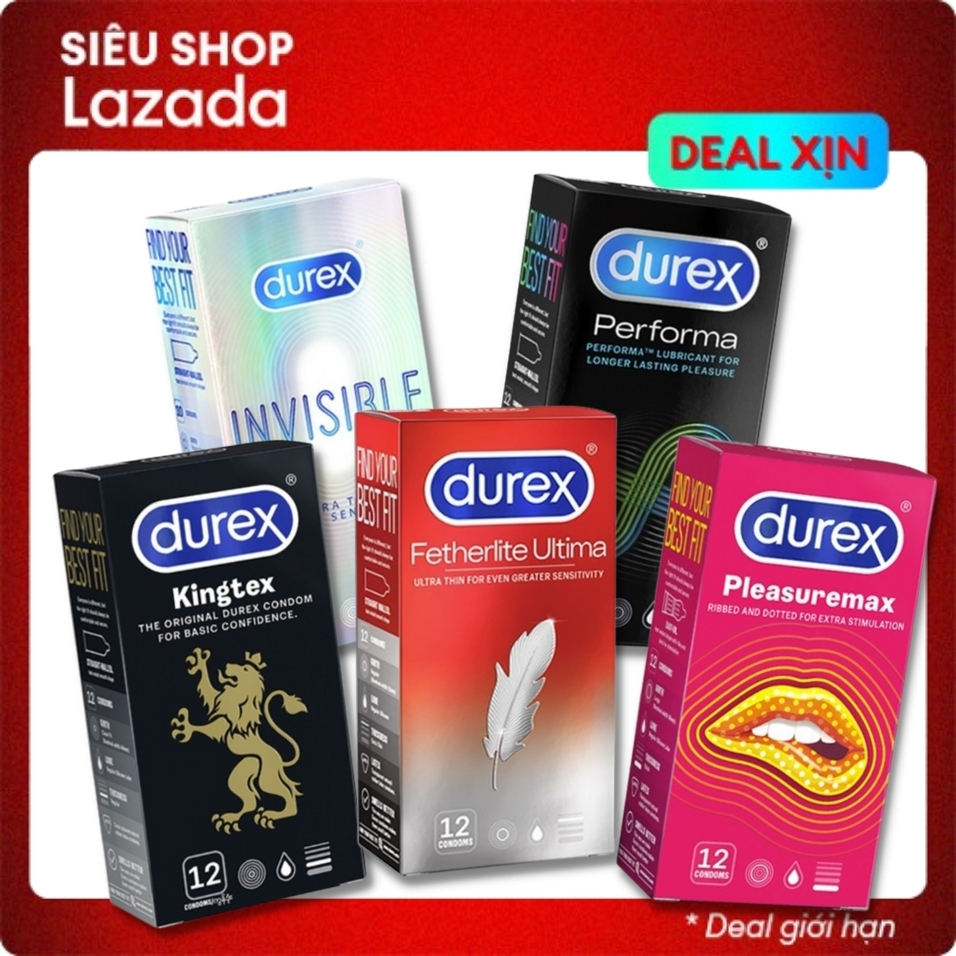 (combo 5 hộp) bao cao su nam nữ durex peforma kéo dài thời gian, invisible siêu mỏng, bcs pleasurex max gân gai, có gai kingtex size nhỏ, baocaosu ultima siêu mỏng chống xuất tinh sớm tạo cảm giác chân thật