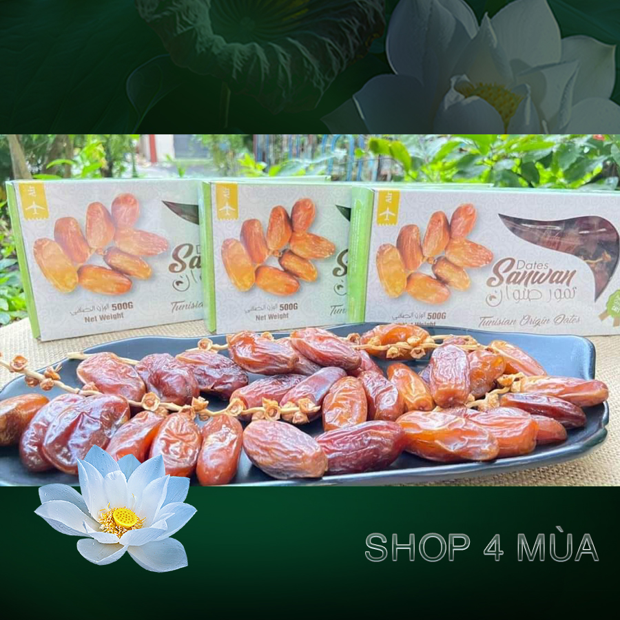 Chà là nguyên cành Sanwan hộp 500gr. Quả chà là sấy dẻo không đường. Chà là khô nguyên cành. Chà là nguyên canh cao cấp nhập khẩu- SHOP BỐN MÙA