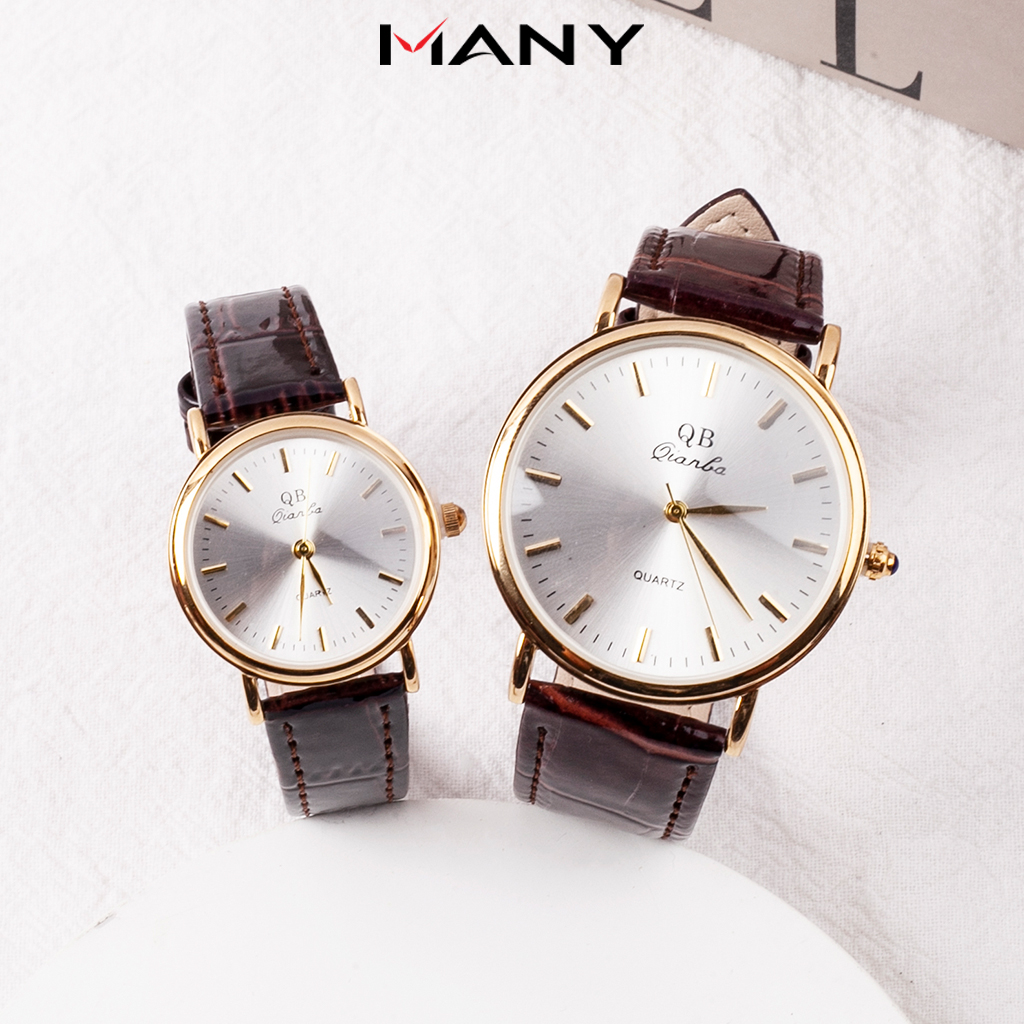 Đồng hồ đôi nam nữ QB dây da mặt tròn kiểu Quartz Nhật - Đồng hồ cặp đeo tay sang trọng MANY