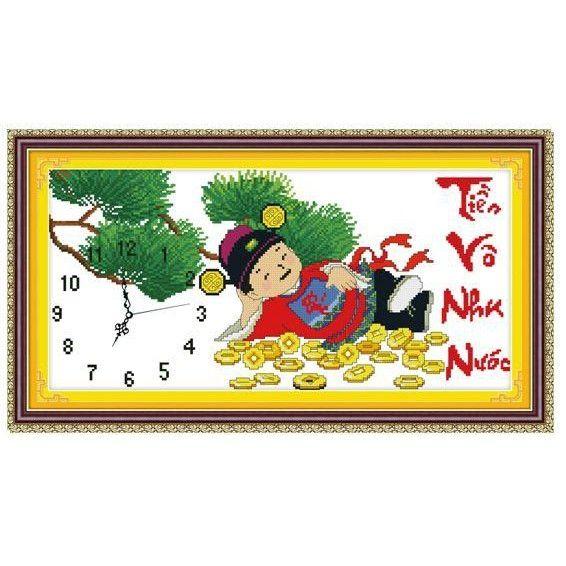 Tranh thêu đồng hồ _ Tiền vô như nước (68×32cm)