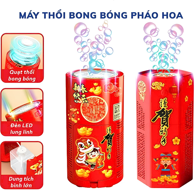 Máy Thổi Bong Bóng Tự Động Có Đèn Led Kèm Nhạc Vui Nhộn Đón Tết, Loa Bắn Bong Bóng Pháo Hoa Trang Trí Ngày Lễ, Tết