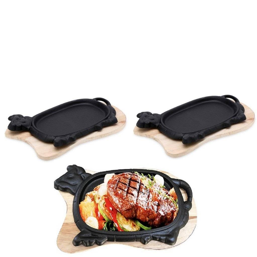 Bộ 2 Chảo gang chống dính có đế gỗ làm bò bít tết sử dụng dược cho tất cả các loại bếp,bếp ga,bếp điện,bếp từ,bếp than,Dragon ( chất lượng,uy tín Việt là trên hết)