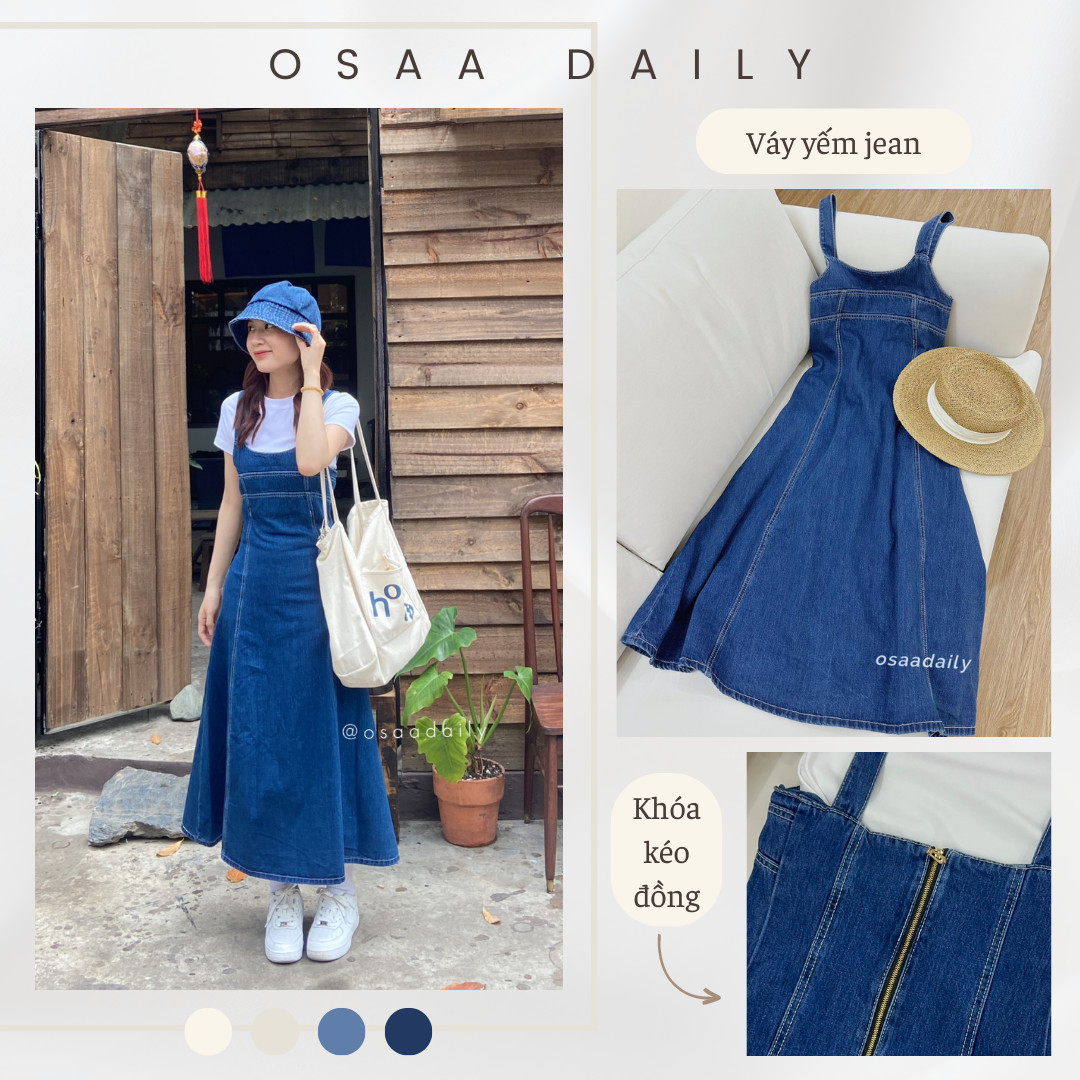 Váy yếm Jean đầm jean nữ dài dáng chữ A - OSAA DAILY