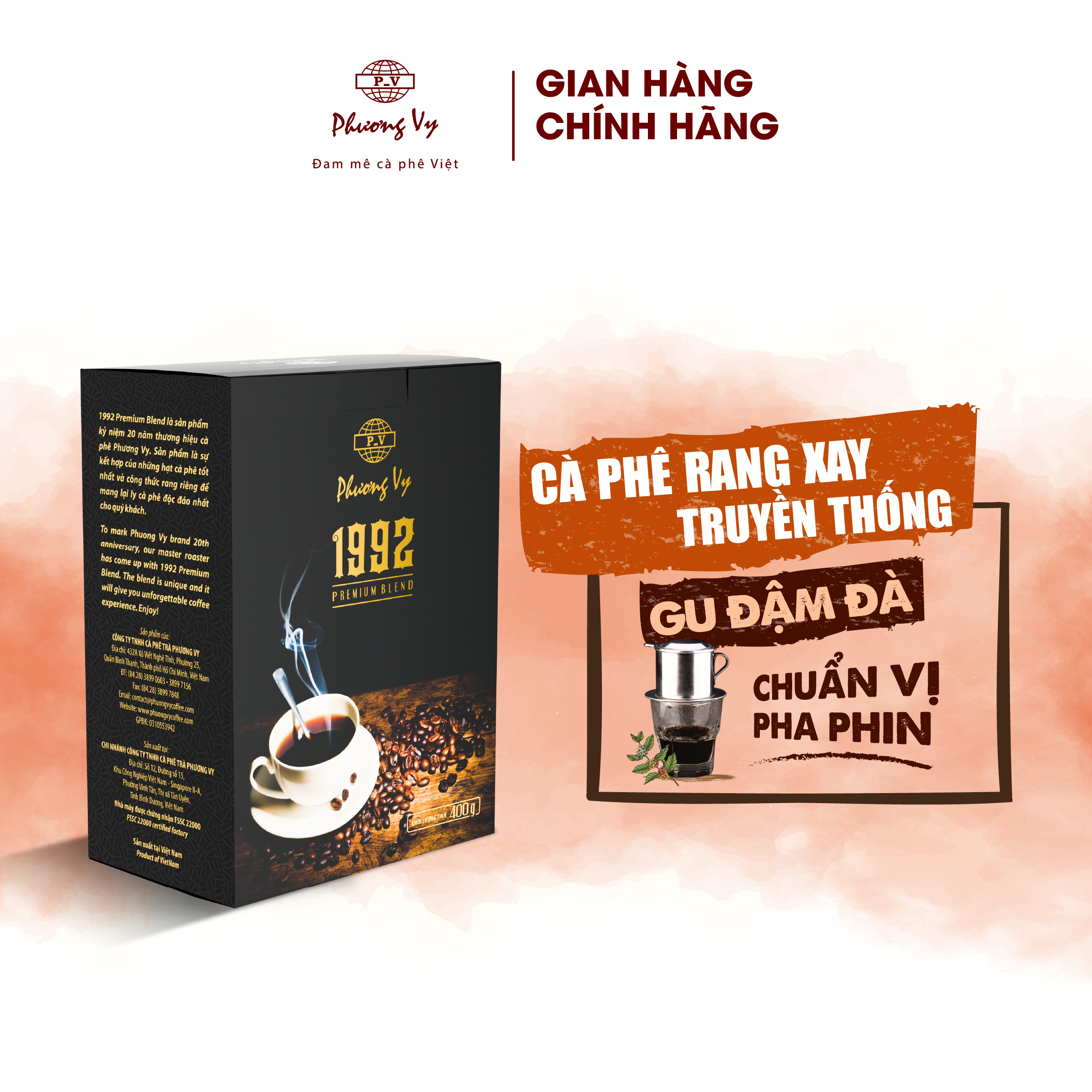 Cà Phê Truyền Thống 1992 Premium Blend 400g hương thơm nồng nàn, vị đậm đà, hậu đậm, dành cho pha phin, Phương Vy Coffee