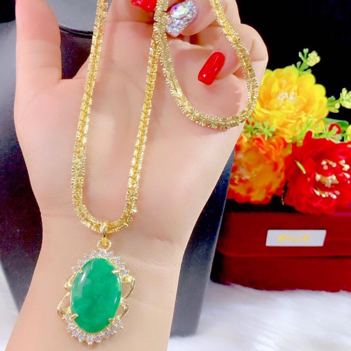 [ Siêu Bền - Siêu Rẻ - Giống Vàng Thật 100% ] Dây chuyền nữ mạ Vàng 18k 103R Mặt Cẩm Thạch Xanh , Dây chuyền titan mạ vàng