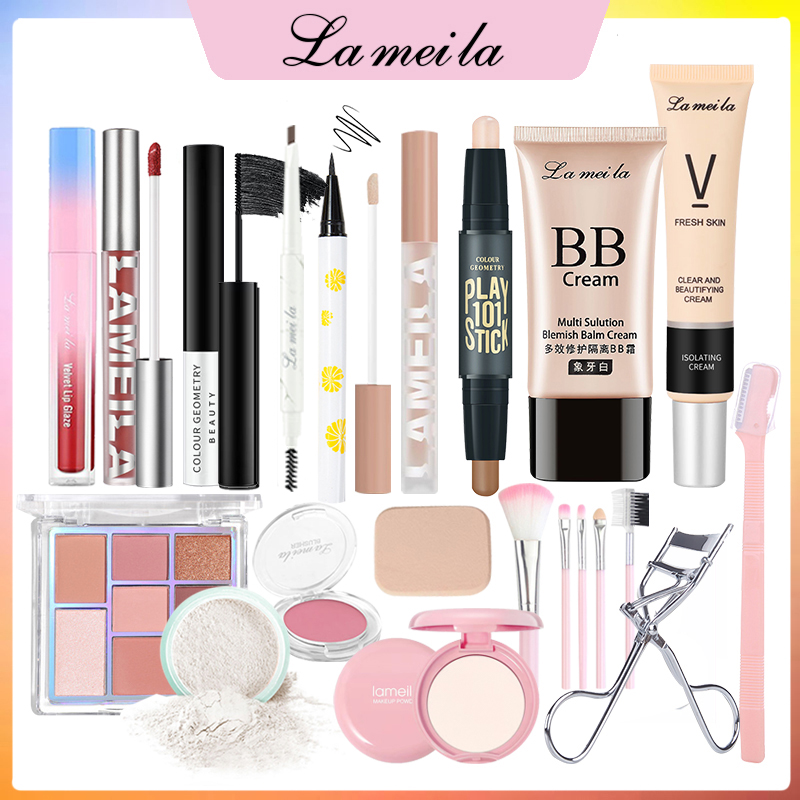 Combo trang điểm LAMEILA 17 món Kem BB+Phấn phủ2+bút tạo khối +kẻ mắt+Phấn má hồng+kẹp bấm mi+Dao tỉa lông mày+Cọ trang điểm+Kem che khuyết điểm+Mút trang điểm