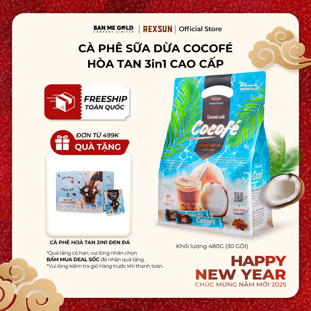 [HOẢ TỐC] Cà Phê Sữa Dừa Cocofe – Túi 480gr (30 Gói) - Cafe Hòa Tan Cao Cấp Chính Hãng Ban Me Gold -