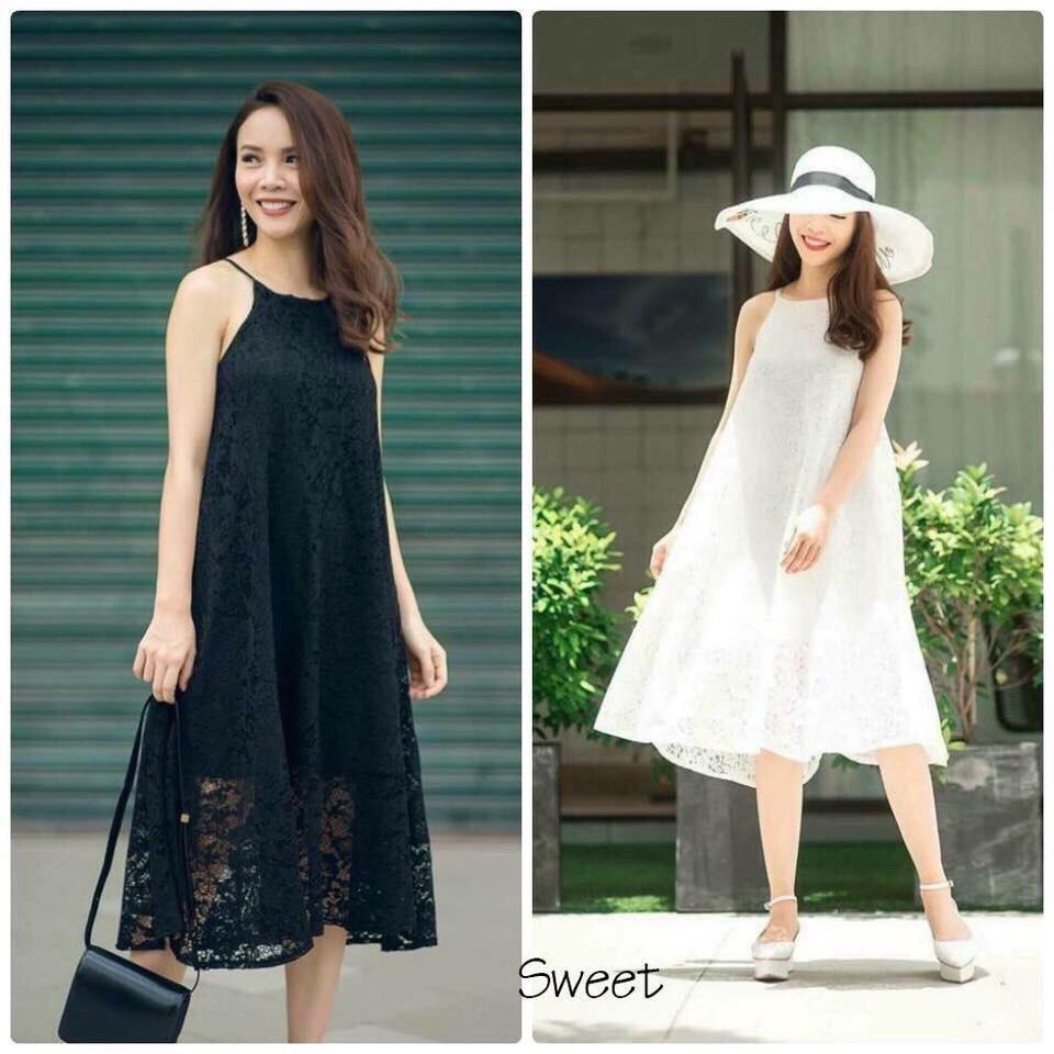 Đầm ren maxi yếm dáng suông