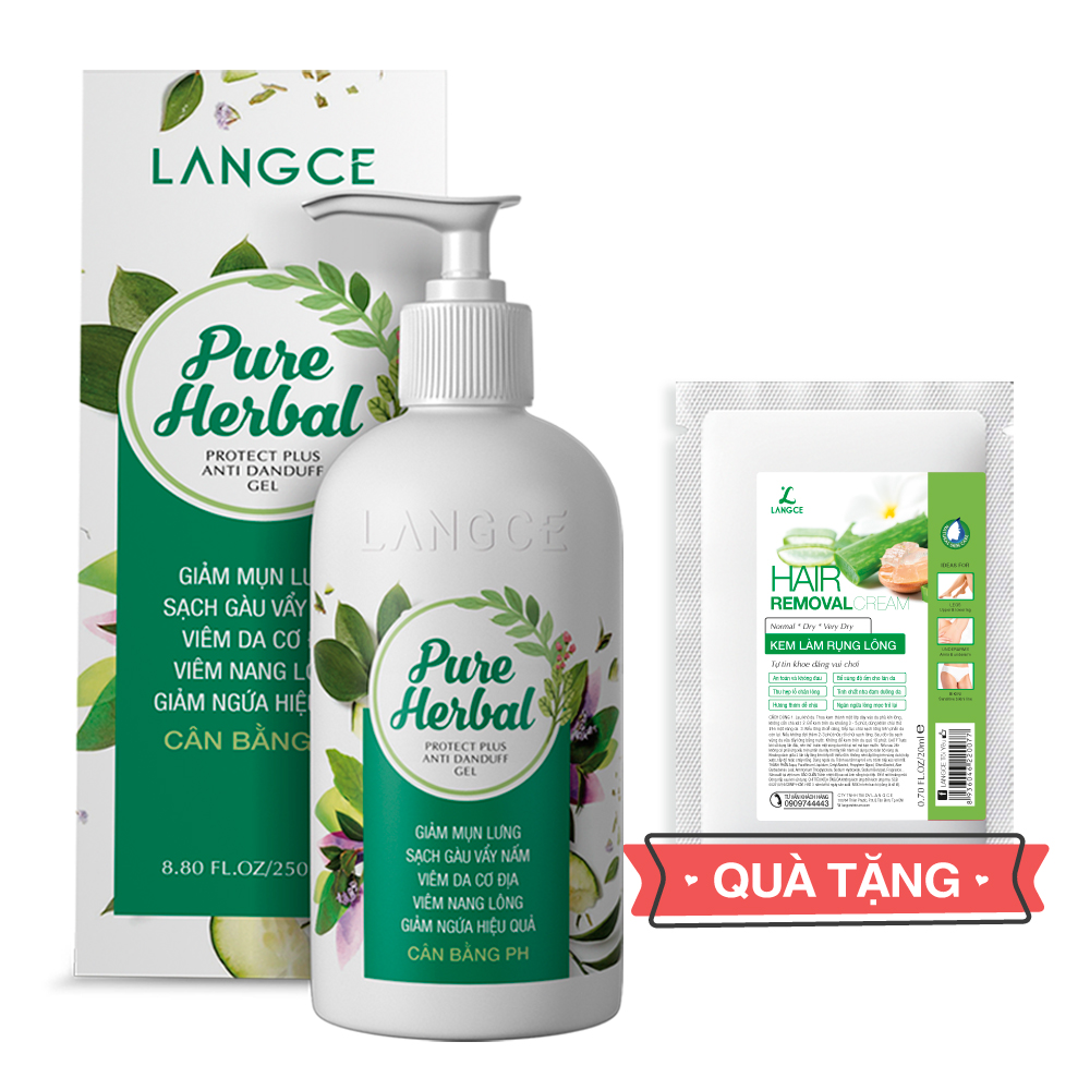 Tắm gội dược liệu sạch vẩy nấm, gàu, bảo vệ+ da ngừa mụn lưng 250ml tặng kem làm rụng lông trắng da 20ml langce