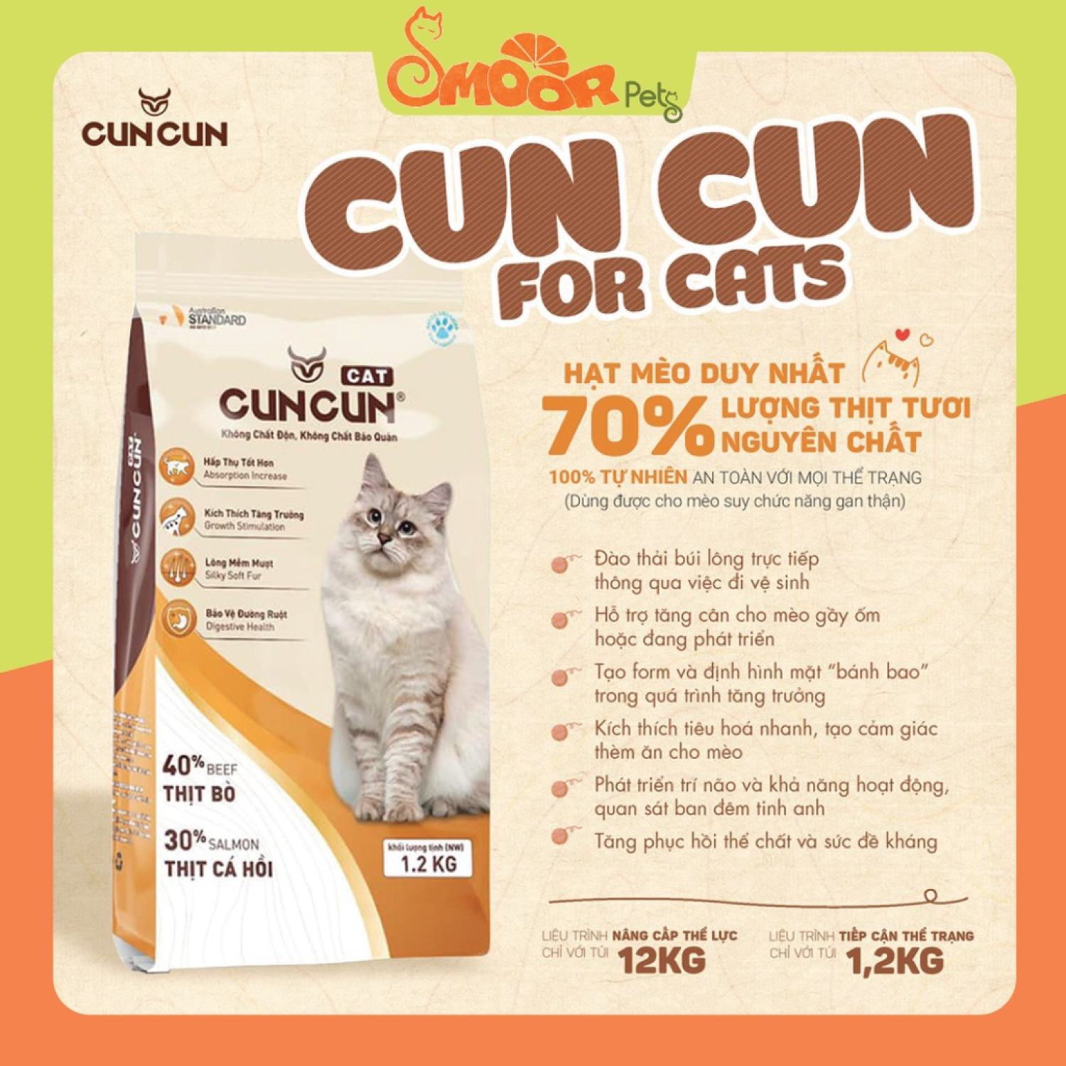 Hạt mèo CunCun Cat 1.2kg - Hạt Cun Cun For Cat thức ăn khô cho mèo tiện dụng - Smoor petshop
