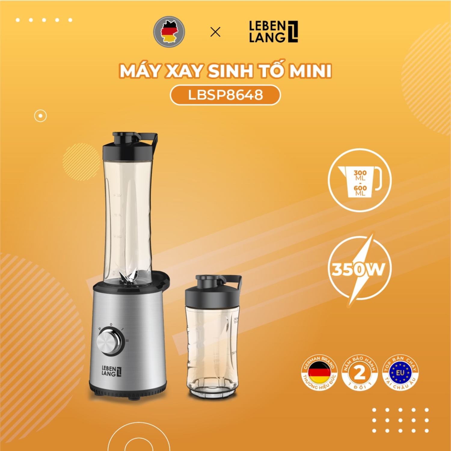 Máy xay sinh tố mini lebenlang lbsp8648 gồm 2 cối xay,dung tích 300-600ml, công suất 350w, bảo hành 2 năm